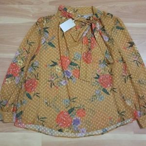 Anthology Chiffon Gold Botanical Print Shirt NWT